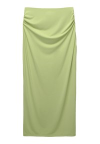 Hooggewaisted, lange rok van zacht, lichtgroen stof. Heeft geplooide details aan de zijkant voor textuur en drape.