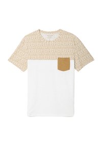 Lyhythihainen t-paita, jossa on kuvioitu vaaleanruskea yläosa, kiinteä valkoinen alaosa, pyöreä kaula-aukko ja vaaleanruskea rintatasku. Pehmeä kangas, rento istuvuus.