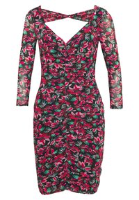 Robe à imprimé floral avec manches longues, fond noir, design froncé, col en V avec dos croisé, avec des accents rouges, roses et verts.