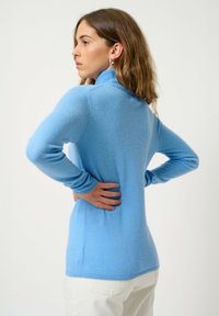 Světle modrý rolák, měkká struktura, přiléhavý střih, dlouhé rukávy, žebrovaný límec a decentní švy na zadní straně.