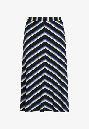 Schwarzer Rock mit diagonalen blauen und cremefarbenen Streifen, elastischem Bund, knielangem Design und weichem Stoffgefühl.