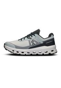 Running shoe with a light gray mesh upper, dark blue accents, and a thick white midsole featuring cutouts. Laces are dark gray.