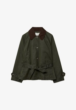 Olivegrüne Jacke mit braunem Cordkragen, vorderen Knöpfen und einem gebundenen Taillengürtel. Verfügt über zwei Seitentaschen und eine glatte Textur.