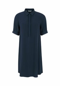 Tengerészkék, térdérkező ruha, galléros nyakkivágással, rövid puffos ujjakkal és díszes gombokkal a gombolás mentén és az ujjak mandzsettáján.