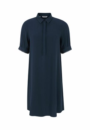 Tamnoplava haljina do koljena s okruglim izrezom, kratkim napuhanim rukavima i ukrasnim gumbima duž pomične i rukavnih manžeta.