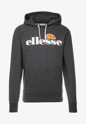 Hoodie gris avec une poche avant, logo "ellesse" blanc, cordons de serrage et une accent courbé orange au-dessus du logo. Matériau en mélange de coton.