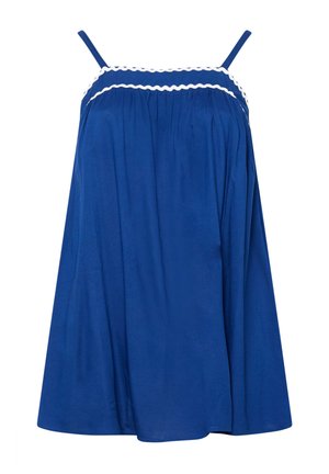 Blaues ärmelloses Kleid mit dünnen Trägern, gerafftem Oberteil und weißem wellenförmigem Besatz entlang des Ausschnitts.