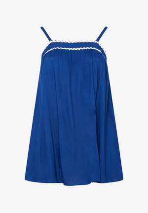 Blaues ärmelloses Kleid mit dünnen Trägern, gerafftem Oberteil und weißem wellenförmigem Besatz entlang des Ausschnitts.