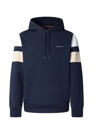 Donkerblauwe hoodie met mouwen in wit en beige blokkleur, capuchon met trekkoord en een klein "Hackett"-logo op de borst.