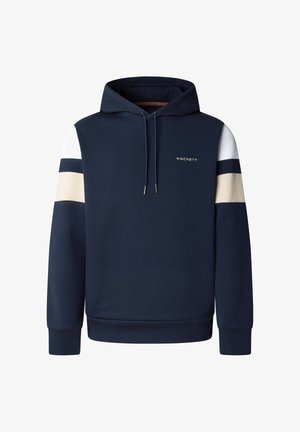 Navy blue hoodie with white and beige color-blocked sleeves, drawstring hood, and small "Hackett" logo on the chest.