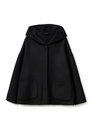 Schwarzer Kapuzenmantel aus weichem Stoff, mit Knopfleiste, zwei vorderen Taschen, lässiger Passform und weiten Ärmeln.