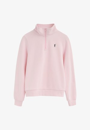 Jasnoróżowa bluza z długim rękawem, zapinana na ćwiartkowy zamek, z prążkowanymi mankietami i dolnym brzegiem oraz małym czarnym logo golfisty na lewej piersi.