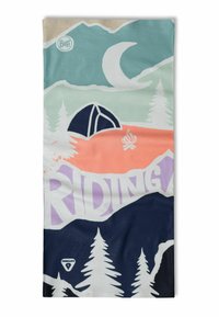 Multicolored Buff neck gaiter with mountain and camping graphics. Features a tent, trees, moon, and a campfire, in soft, stretchy fabric.