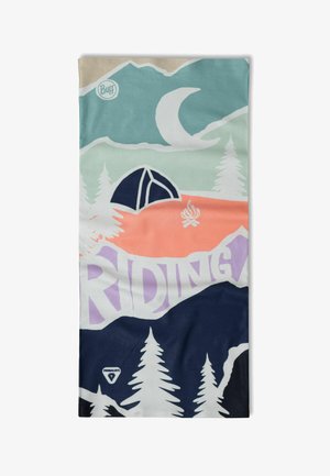 Multicolored Buff neck gaiter with mountain and camping graphics. Features a tent, trees, moon, and a campfire, in soft, stretchy fabric.