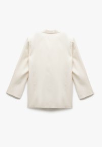 Cremefarvet langærmet blazer med et enkelt bagside-design og lige snit, vist fladt mod en hvid baggrund.