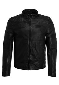 Schwarze Lederjacke mit durchgehendem Reißverschluss, Stehkragen, gesteppten Schultern und gerippten Akzenten an den Ärmeln. Verfügt über seitliche Taschen und eine glatte Textur.