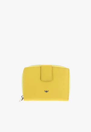 Portefeuille en cuir jaune avec fermeture pression et fermeture éclair, doté d'un petit logo argenté au centre avant.