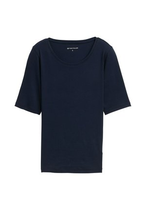 T-shirt bleu marine avec un col rond, des manches courtes et une texture douce. Fabriqué à partir d'un matériau léger, il présente une coupe décontractée.