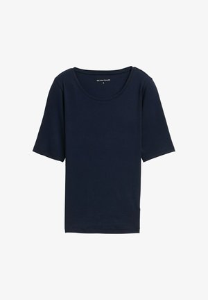 T-shirt blu navy con scollatura rotonda, maniche corte e una texture morbida. Realizzato in materiale leggero, presenta una vestibilità comoda.