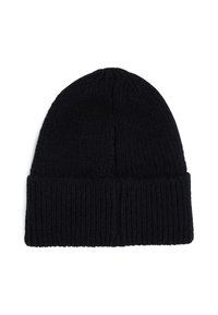 Gorro de lana negro, tejido, con una textura acanalada y un puño doblado. Presenta una parte superior lisa con un sutil detalle de costura.