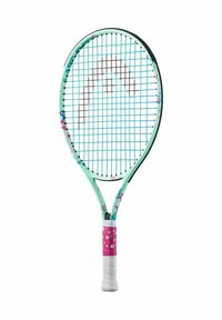 Tennis racket with a light blue frame, patterned with pink flowers, white grip, and black accents. Features a standard stringed head.