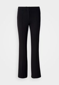 Μαύρο παντελόνι καμπάνα από λείο ύφασμα, με ραφές μπροστά και κρυφό φερμουάρ. Απλός σχεδιασμός χωρίς σχέδια ή διακοσμητικά.