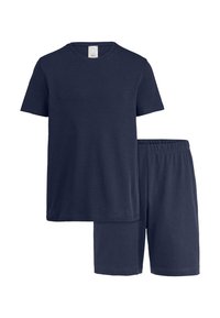 Satz aus navyblauem Baumwoll-T-Shirt und Shorts. Das T-Shirt hat einen Rundhalsausschnitt und kurze Ärmel. Die Shorts verfügen über einen elastischen Bund für zusätzlichen Komfort.