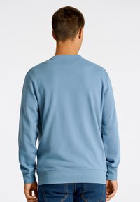 Ljusblå sweatshirt med l ånga ärmar, rund halsringning och ribbad mudd. Slät tygtextur med en enfärgad yta utan mönster.