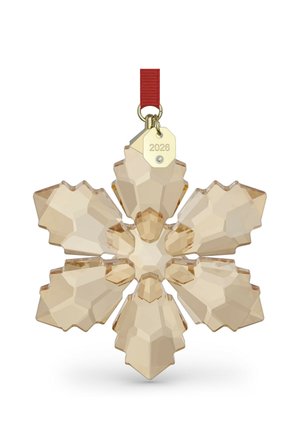 Ornamento a forma di fiocco di neve in cristallo con sei faccette, colore marrone chiaro, anello rosso per appendere e targhetta dorata incisa con 2026.
