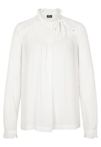 Weiße langärmelige Bluse mit einem Rüschenausschnitt, vorderen Pütetdetails und einer Schleife am Hals. Weicher Stoff mit ausgefransten Ärmelabschlüssen.