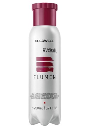 Bottle of Goldwell Elumen RV@all hair color, white plastic with a red lid, features bold black text and a red paint stroke design. 200 mL.