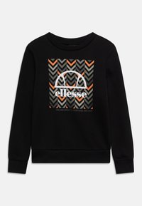 Felpa nera con grafiche che presentano un motivo a spina di pesce in arancione, grigio e nero. Include il logo "ellesse" e polsini a costine.
