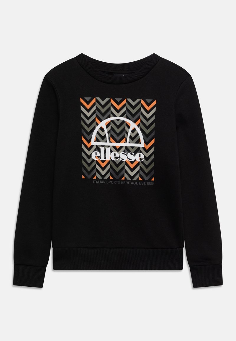 Felpa nera con grafiche che presentano un motivo a spina di pesce in arancione, grigio e nero. Include il logo "ellesse" e polsini a costine.