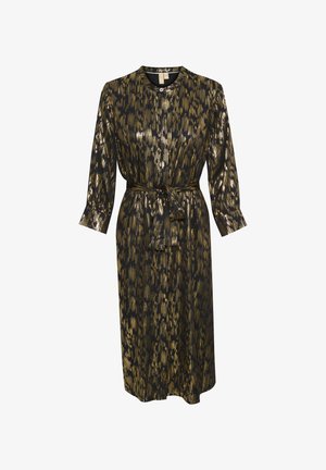 Black and gold patterned dress with long sleeves, a belt at the waist, and a straight silhouette. Shiny fabric with a textured design.