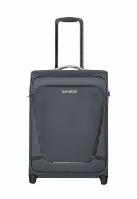 Valigia grigia con un design strutturato, superficie in tessuto, manico estraibile, ruote fluide e tasche con zip per un'organizzazione ottimale.