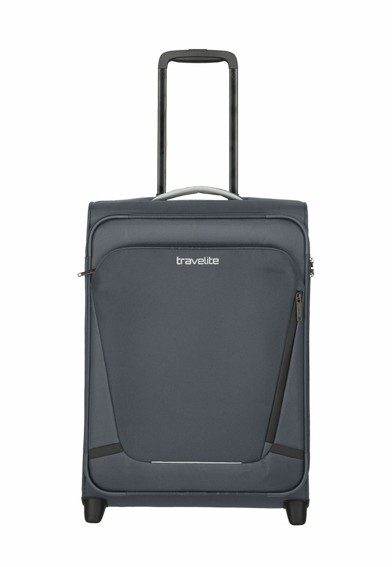 Valigia grigia con un design strutturato, superficie in tessuto, manico estraibile, ruote fluide e tasche con zip per un'organizzazione ottimale.