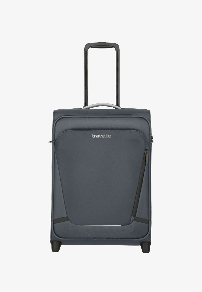 Valigia grigia con un design strutturato, superficie in tessuto, manico estraibile, ruote fluide e tasche con zip per un'organizzazione ottimale.