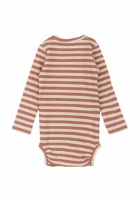Body a maniche lunghe per neonati con texture a coste, caratterizzato da strisce orizzontali alternate in rosa e crema, con chiusure a scatto sul fondo.