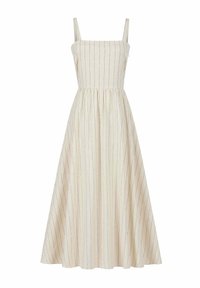 Weißes Kleid mit dünnen vertikalen Streifen, quadratischem Ausschnitt und Spaghettiträgern. Ausgestellter Rock aus strukturiertem Stoff. Lässiger Stil, geeignet für den Sommer.