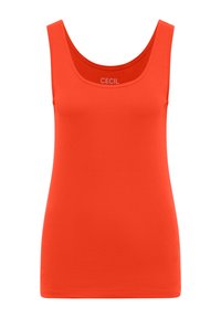 Débardeur sans manches orange vif avec un col en U, fabriqué en tissu lisse, présenté à plat sans plis ni motifs.