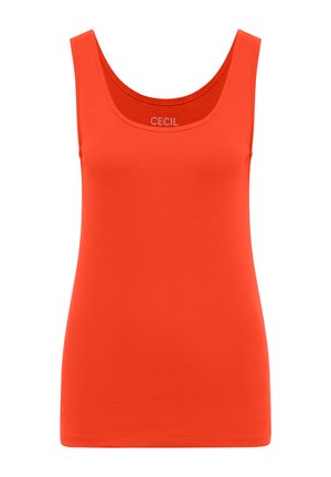 Leuchtend orangefarbenes ärmelloses Tanktop mit Rundhalsausschnitt, aus glattem Stoff, flach liegend ohne Falten oder Muster dargestellt.