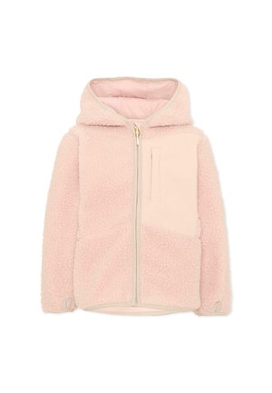 Giacca in pile morbida rosa con cappuccio, cerniera frontale, tasca sul petto e fori per il pollice nei polsini, progettata per calore e comfort.