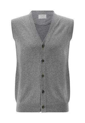 Gray sleeveless button-up cardigan with V-neck and ribbed hem, labeled "Carl Gross Black Line," displayed on a white background.