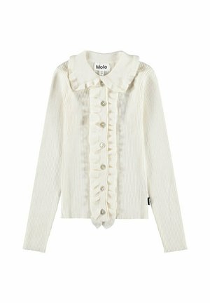 Cremefarvet ribbet cardigan med lange ærmer og flæsekant langs knapstolpe og krave, med seks knapper foran.