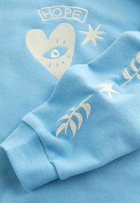 Lichtblauwe sweatshirt met witte borduursels van een hart, een oog, een ster en loofpatronen; ribbelboord aan de mouw.