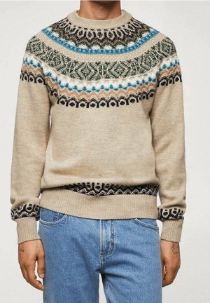 Beige gestrickter Pullover mit buntem Fair-Isle-Muster am Ausschnitt, das blaue, grüne und braune Akzente aufweist; gerippte Bündchen und Saum.