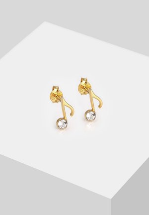 Pendientes en forma de nota musical dorados con acentos de cristal transparente. Presentan una textura suave y un acabado pulido, realzando el diseño musical.