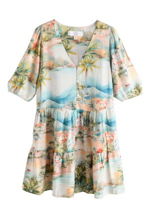 Vestido de lino con mangas cortas y escote en V, estampado con paisaje tropical en colores pastel y detalles de botones en la parte delantera.