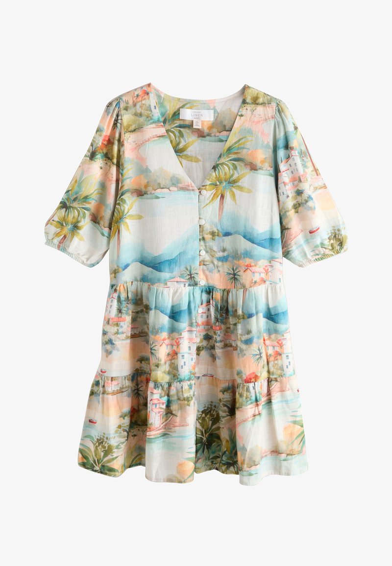 Robe en lin à manches courtes et encolure en V avec imprimé paysage tropical dans des couleurs pastel et détails de boutons sur le devant.