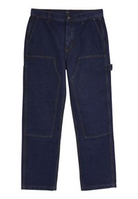 Mörkblå denimbyxor med rak benpassform, som har stora framfickor och en extra sidficka; kontrasterande sömmar är synliga.